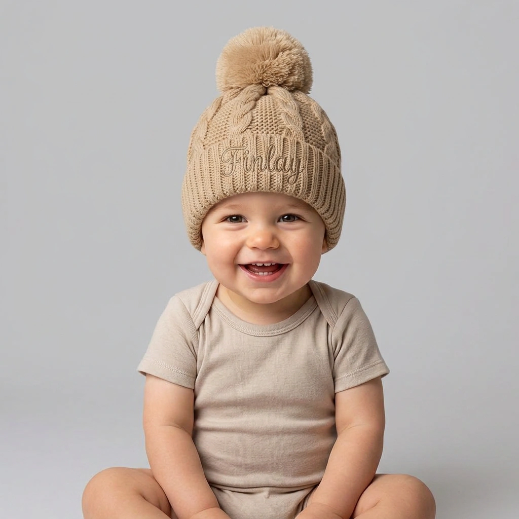 Beige Knitted Pom Hat