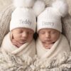 Personalised White Bobble Pom Newborn Baby Hats