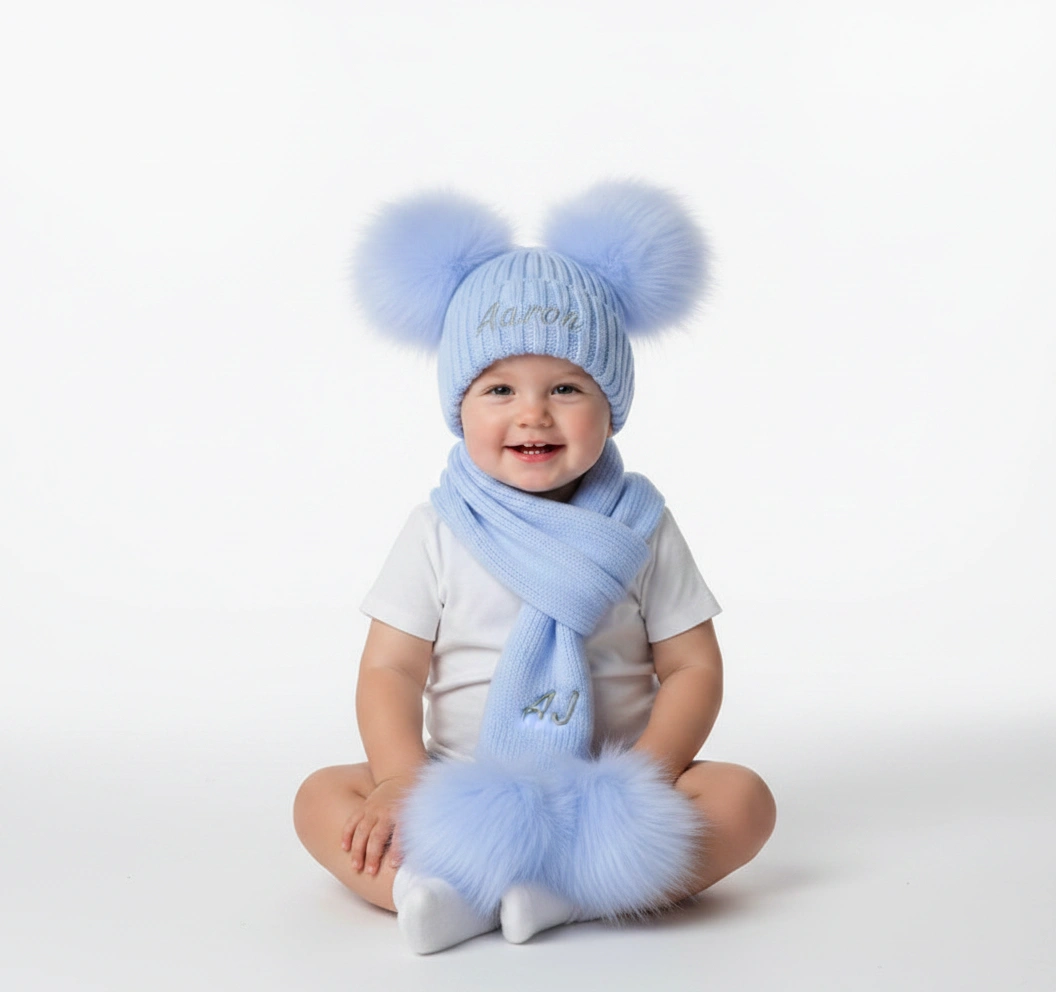 Kids Blue & White Team Pom Pom Hat and Scarf Set Knit Collegiate Rugby Striped Winter Scarf & Beanie Hat Set  main image 3