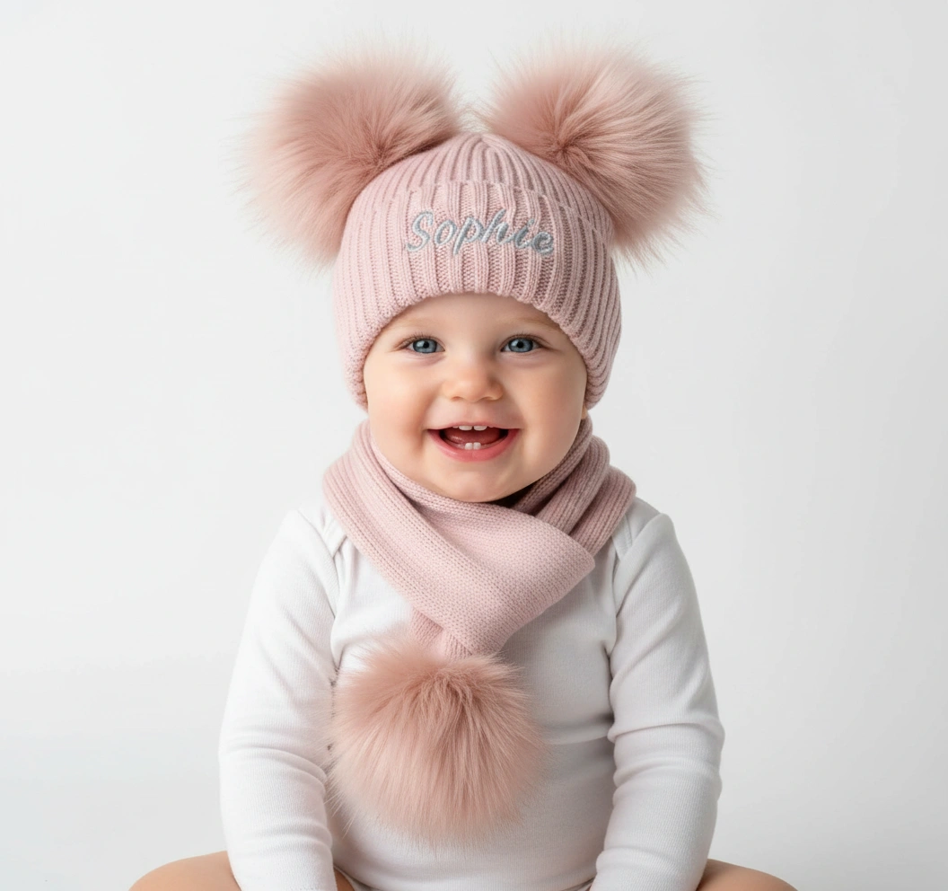 Dusty Pink Knit Pom Pom Hat & Scarf Set