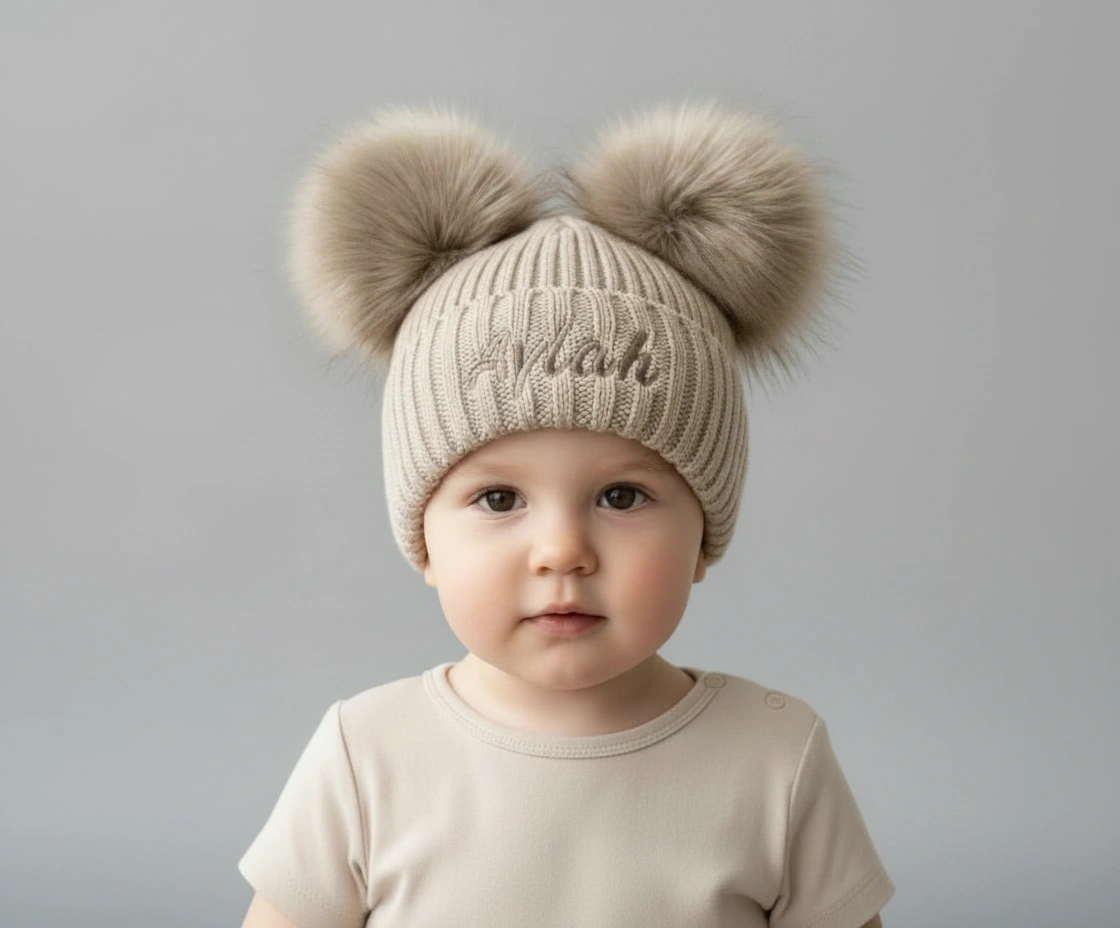 Beige Knit Baby & Kids Bobble Pom Hat