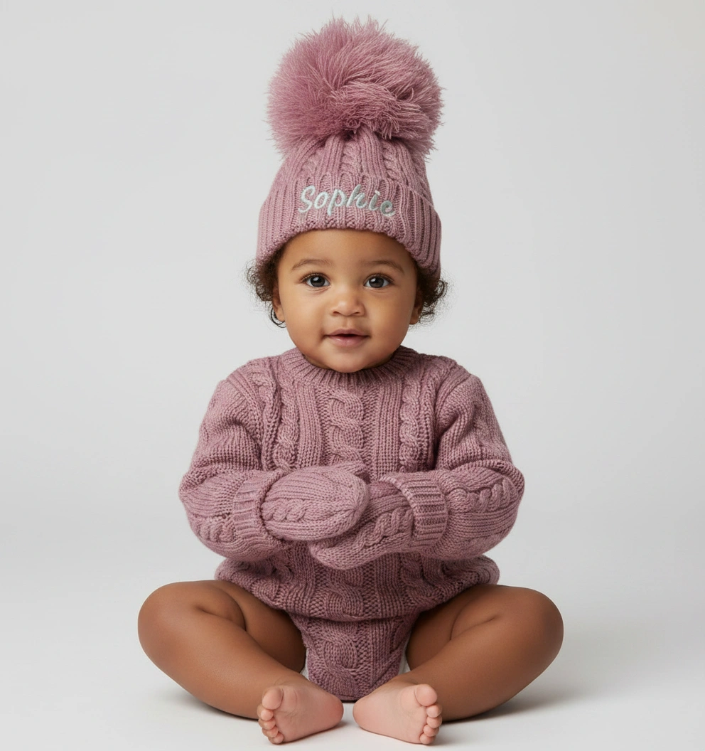 Dusty Pink Knitted Baby Pom Hat, Newborn - 12 Months