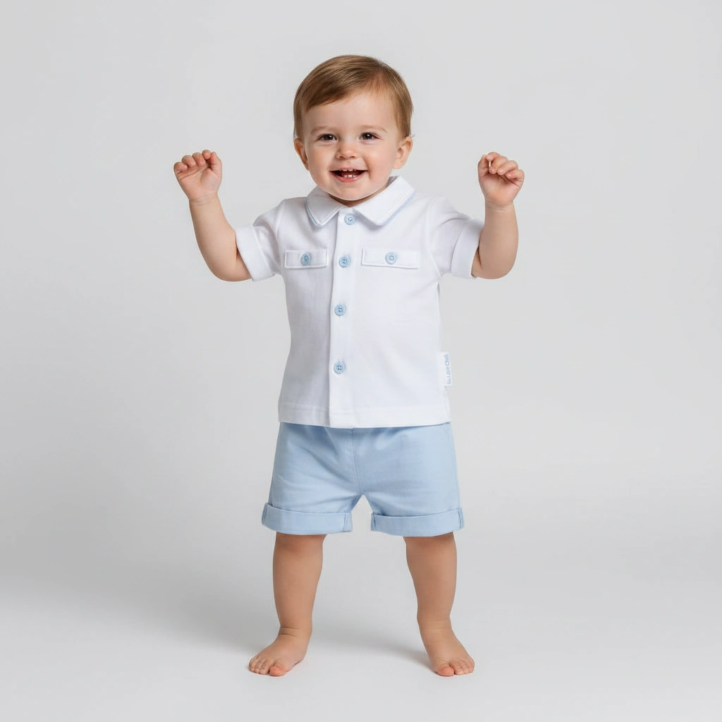 Boys White Top and Blue Shorts