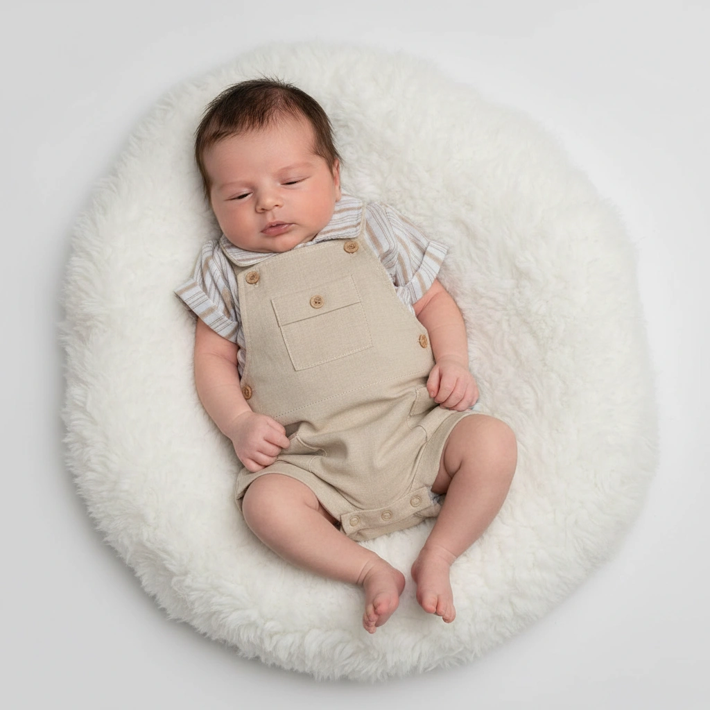 Boys Beige Dungarees and Stripe Top