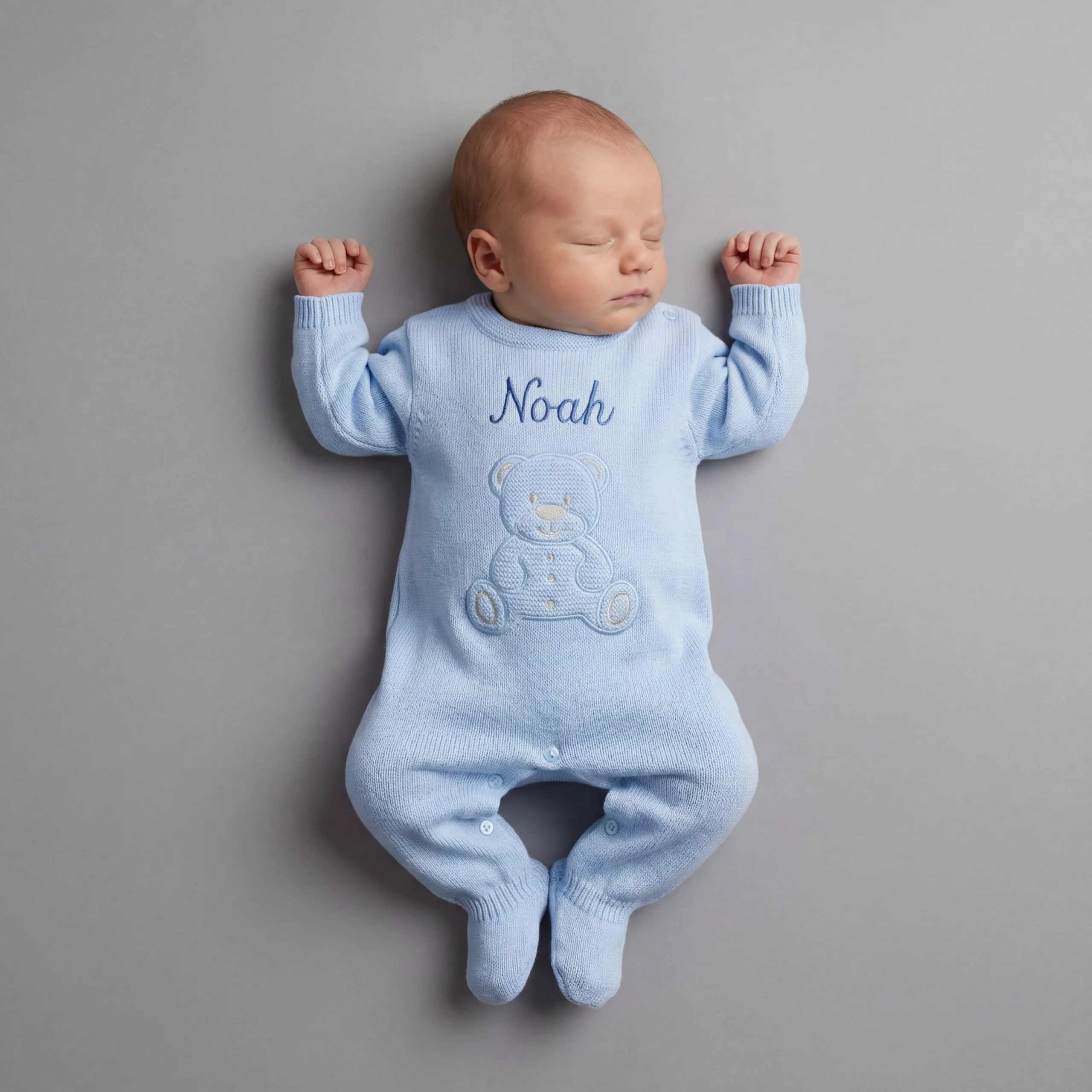 Personalised Blue Teddy Knitted Babygrow