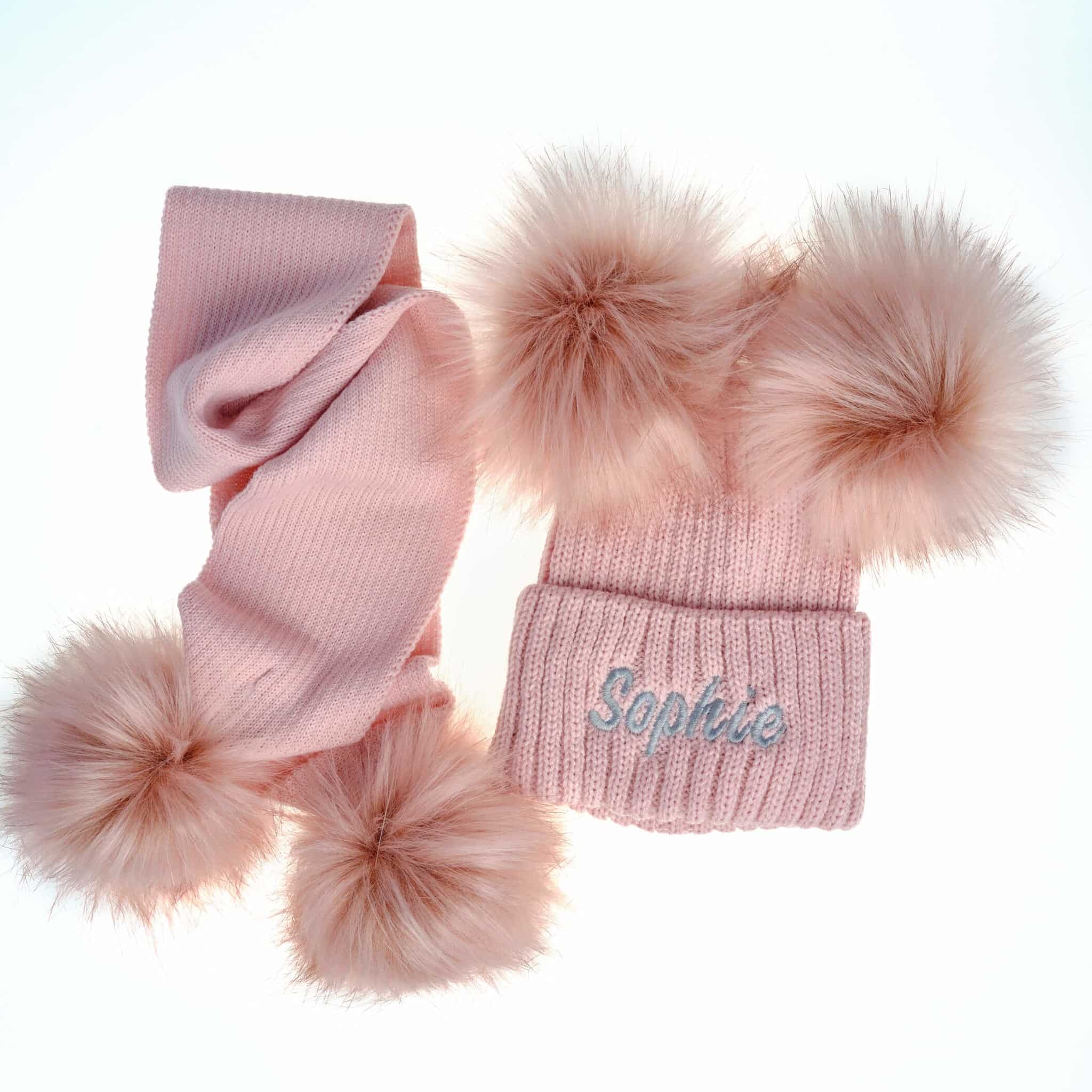 Dusty Pink Knit Pom Pom Hat & Scarf Set - Image 2