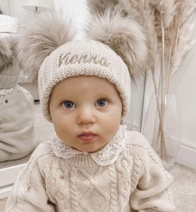 Beige Knit Baby & Kids Bobble Pom Hat - Image 4